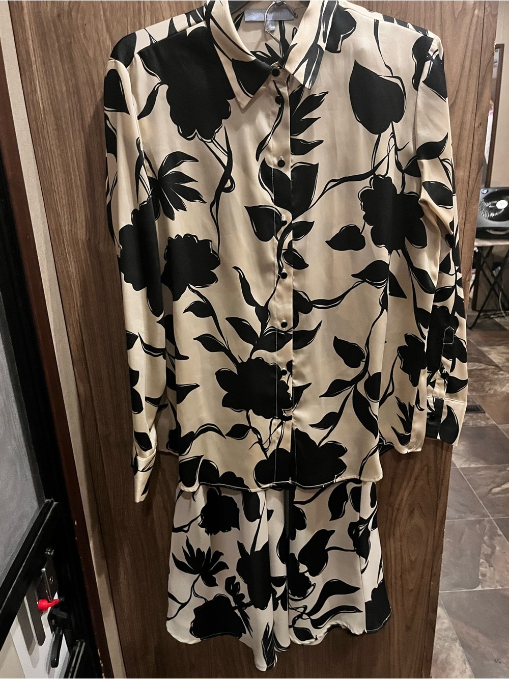 Black Floral Print Button-Up Blouse and Skirt set